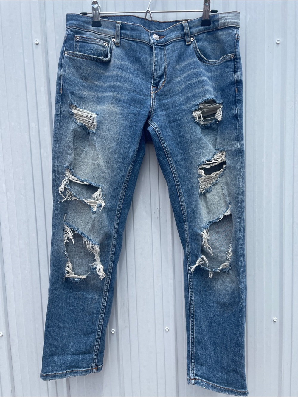 Zara Distressed Straight-Leg Blue Jeans